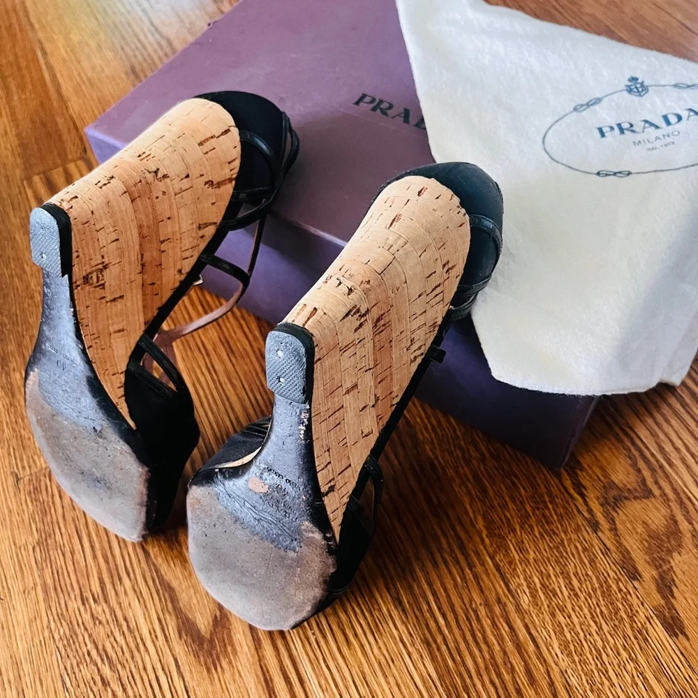 Prada Black and Tan Cork Wedges